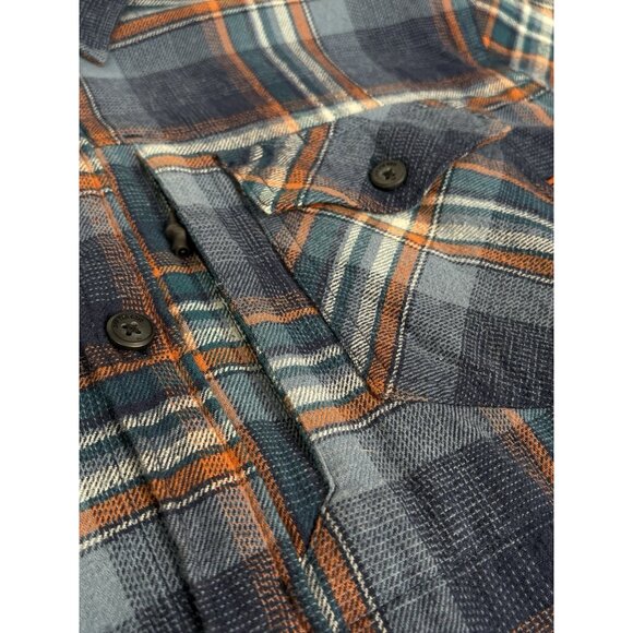 Off The Grid Destroyer Flannel Shirt Men’s XL Blue Orange Plaid Long Sleeve - Picture 9 of 14